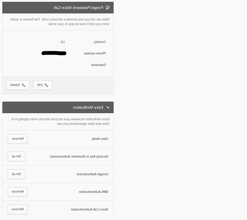 Extra Verification section describing set up. This dialog shows a blacked out phone number and explains that Okta can call you to verify.